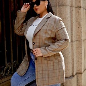 SHEIN Plus Single Breasted Plaid Print Blazer (0XL)